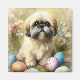 Lhasa Apso Dog with Easter Eggs Holiday Magnet