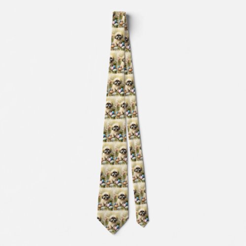 Lhasa Apso Dog with Easter Eggs Holiday  Neck Tie