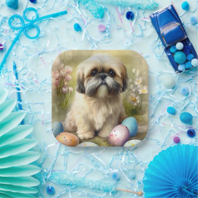 Lhasa Apso Dog with Easter Eggs Holiday  Paper Plates (Party)