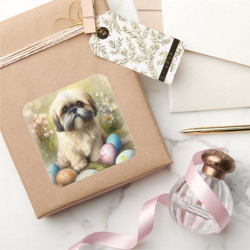 Lhasa Apso Dog with Easter Eggs Holiday  Square Sticker