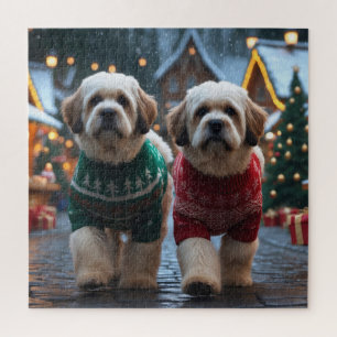 Lhasa Apso Dogs Christmas Snow Holiday Jigsaw Puzzle