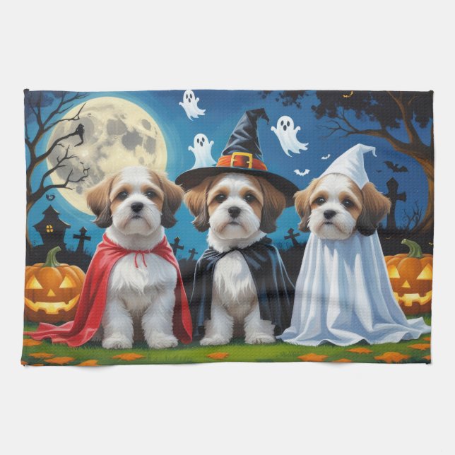 Lhasa Apso Dogs Pumpkin Halloween Funny  Kitchen Towel (Horizontal)