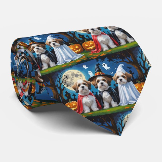 Lhasa Apso Dogs Pumpkin Halloween Funny  Neck Tie (Rolled)