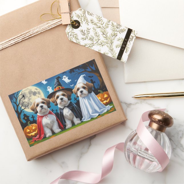 Lhasa Apso Dogs Pumpkin Halloween Funny  Rectangular Sticker (Gifting)