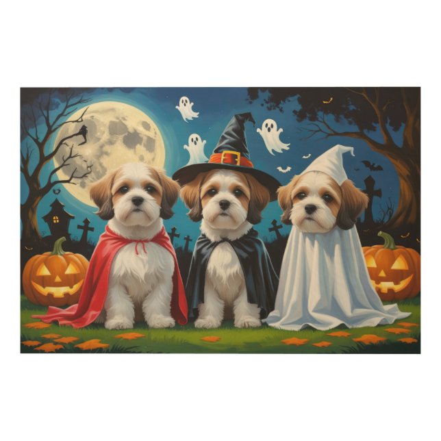Lhasa Apso Dogs Pumpkin Halloween Funny  Wood Wall Art (Front)