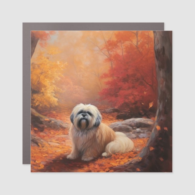 Lhasa Apso in Autumn Leaves Fall Inspire Car Magnet (Front)