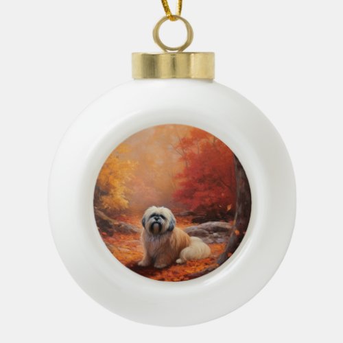 Lhasa Apso in Autumn Leaves Fall Inspire Ceramic Ball Christmas Ornament