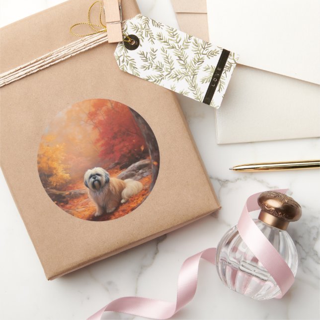 Lhasa Apso in Autumn Leaves Fall Inspire Classic Round Sticker (Gifting)