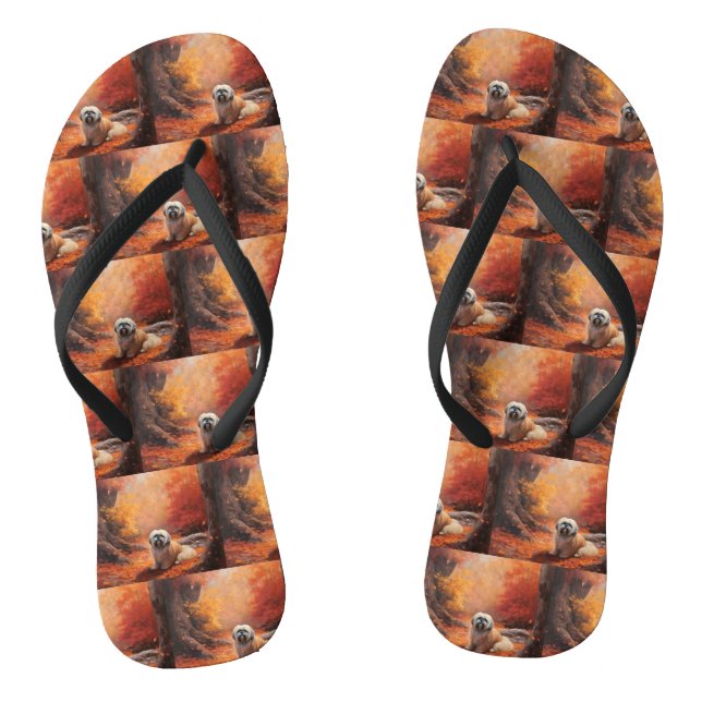 Lhasa Apso in Autumn Leaves Fall Inspire  Flip Flops (Footbed)