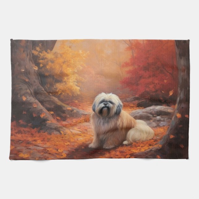 Lhasa Apso in Autumn Leaves Fall Inspire Kitchen Towel (Horizontal)