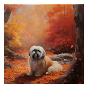 Lhasa Apso in Autumn Leaves Fall Inspire Poster