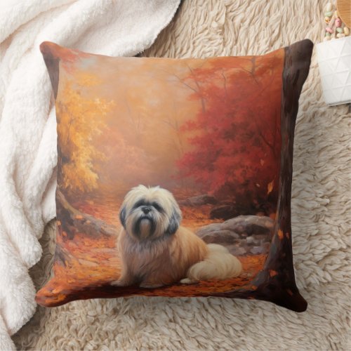 Lhasa Apso in Autumn Leaves Fall Inspire Throw Pillow