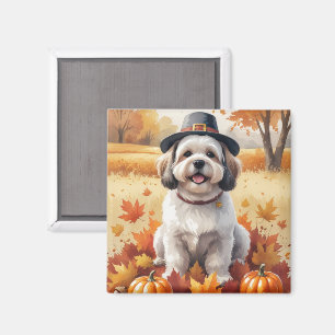 Lhasa Apso In Autumn Leaves Thanksgiving Art Magnet