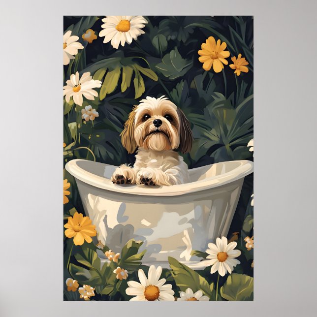 Lhasa Apso In Bathtub Poster, Funny Dog Poster (Front)