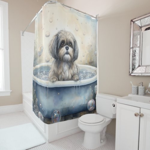 Lhasa Apso In Bathtub Watercolor Dog Art Shower Curtain