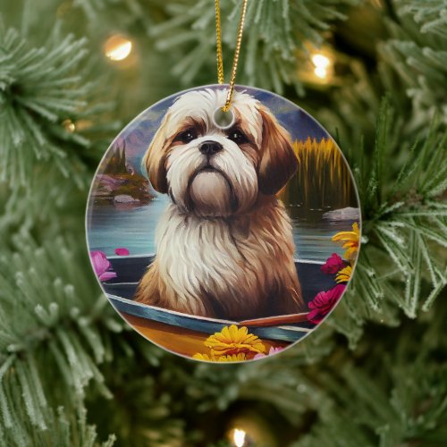 Lhasa Apso on a Paddle: A Scenic Adventure Ceramic Ornament