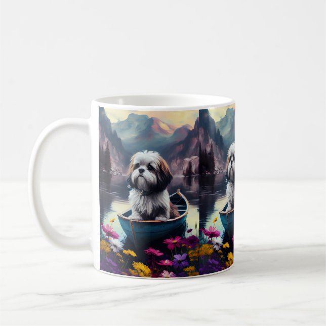 Lhasa Apso on a Paddle: A Scenic Adventure Coffee Mug (Left)