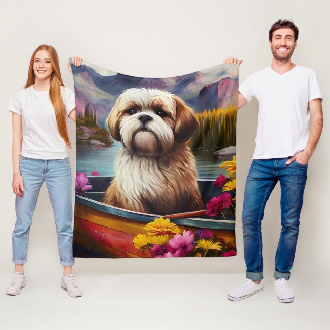Lhasa Apso on a Paddle: A Scenic Adventure Fleece Blanket (In Situ)
