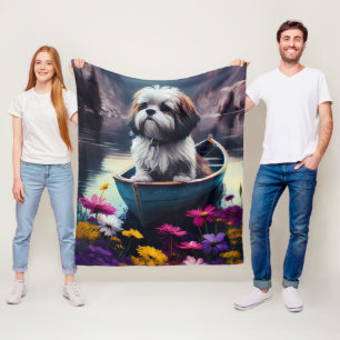Lhasa Apso on a Paddle: A Scenic Adventure Fleece Blanket
