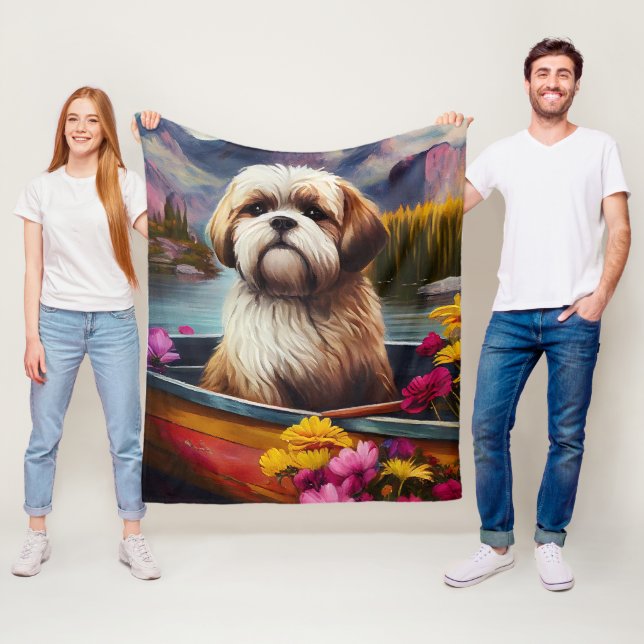 Lhasa Apso on a Paddle: A Scenic Adventure Fleece Blanket (In Situ)