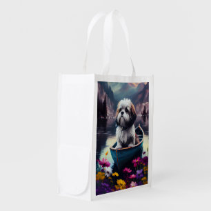 Lhasa Apso on a Paddle: A Scenic Adventure Grocery Bag