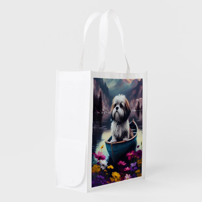 Lhasa Apso on a Paddle: A Scenic Adventure Grocery Bag (Front Side)