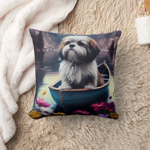 Lhasa Apso on a Paddle A Scenic Adventure  Throw Pillow