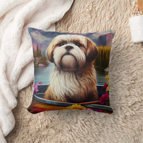 Lhasa Apso on a Paddle A Scenic Adventure  Throw Pillow