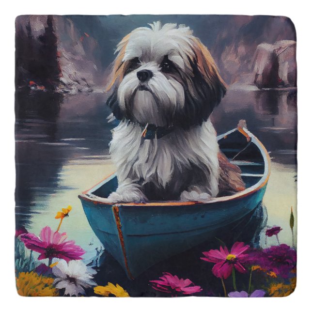 Lhasa Apso on a Paddle: A Scenic Adventure Trivet (Front)