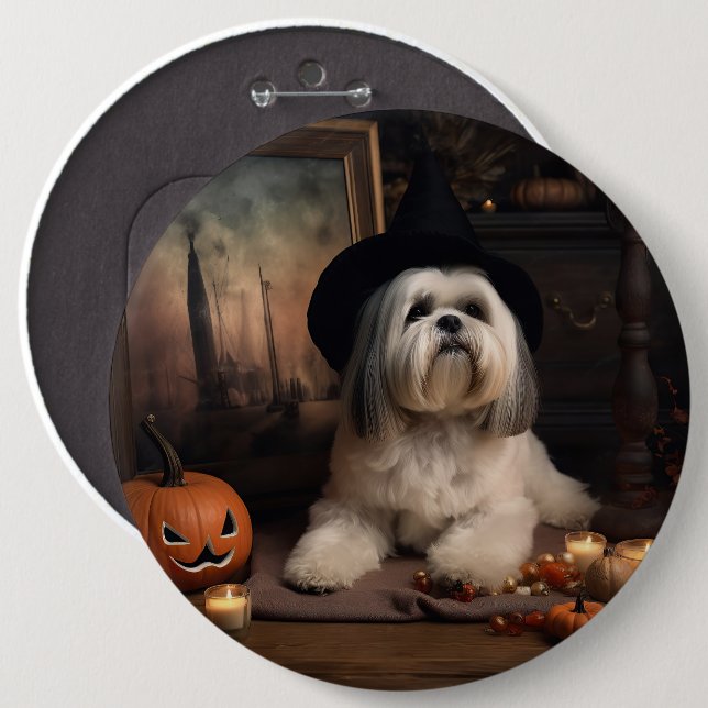Lhasa Apso Pumpkins Halloween Scary Button (Front & Back)