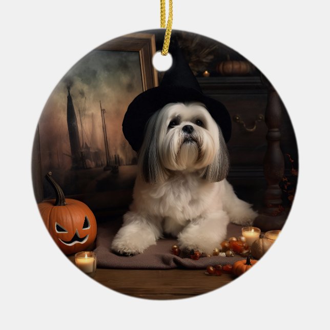 Lhasa Apso Pumpkins Halloween Scary Ceramic Ornament (Front)