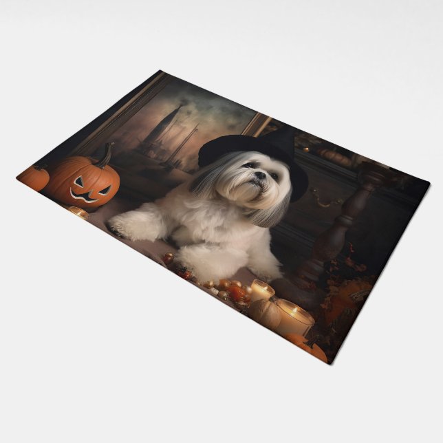 Lhasa Apso Pumpkins Halloween Scary Doormat (Angled)