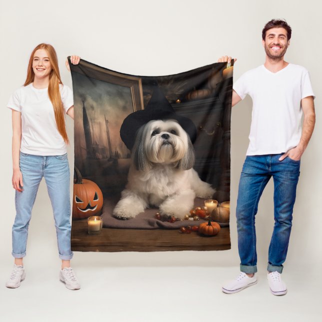 Lhasa Apso Pumpkins Halloween Scary Fleece Blanket (In Situ)