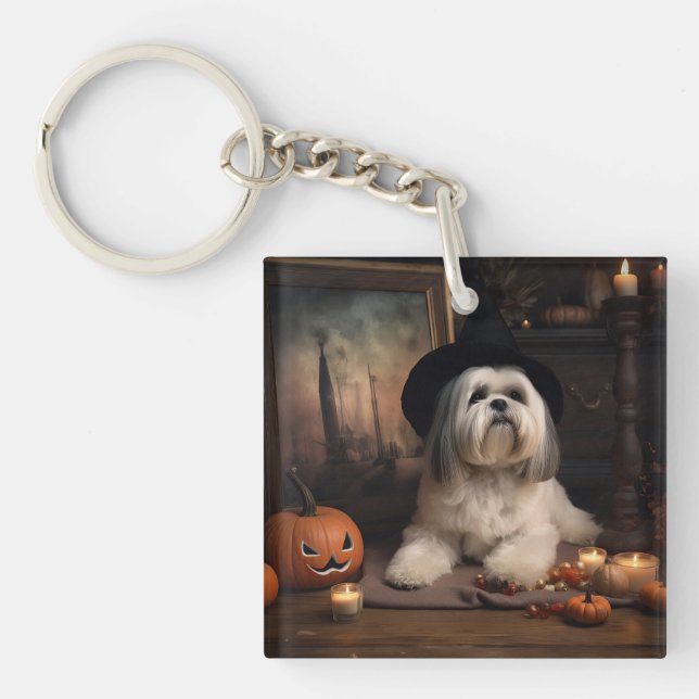 Lhasa Apso Pumpkins Halloween Scary Keychain (Front)