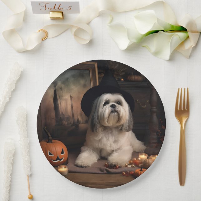 Lhasa Apso Pumpkins Halloween Scary Paper Plates (Wedding)