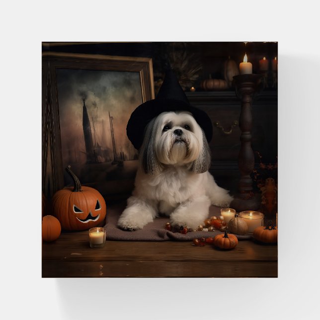 Lhasa Apso Pumpkins Halloween Scary Paperweight (Front)