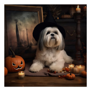 Lhasa Apso Pumpkins Halloween Scary Poster