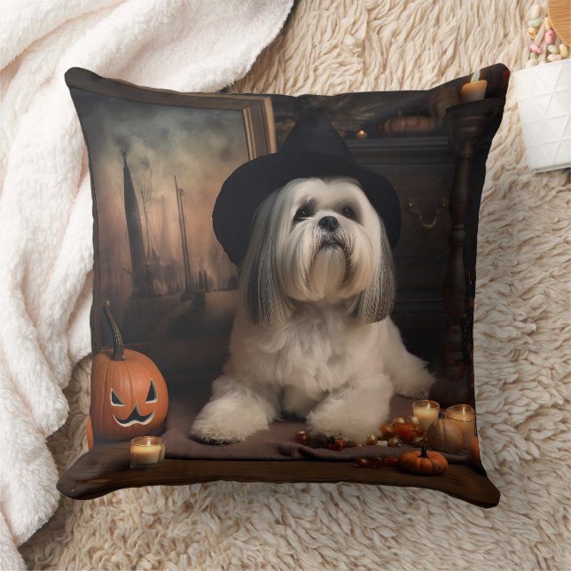 Lhasa Apso Pumpkins Halloween Scary Throw Pillow (Blanket)
