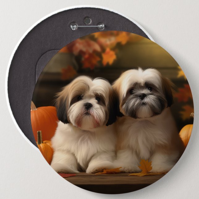 Lhasa Apso Puppy Autumn Delight Pumpkin  Button (Front & Back)