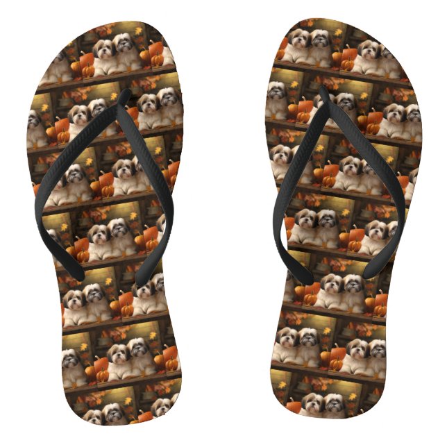 Lhasa Apso Puppy Autumn Delight Pumpkin  Flip Flops (Footbed)