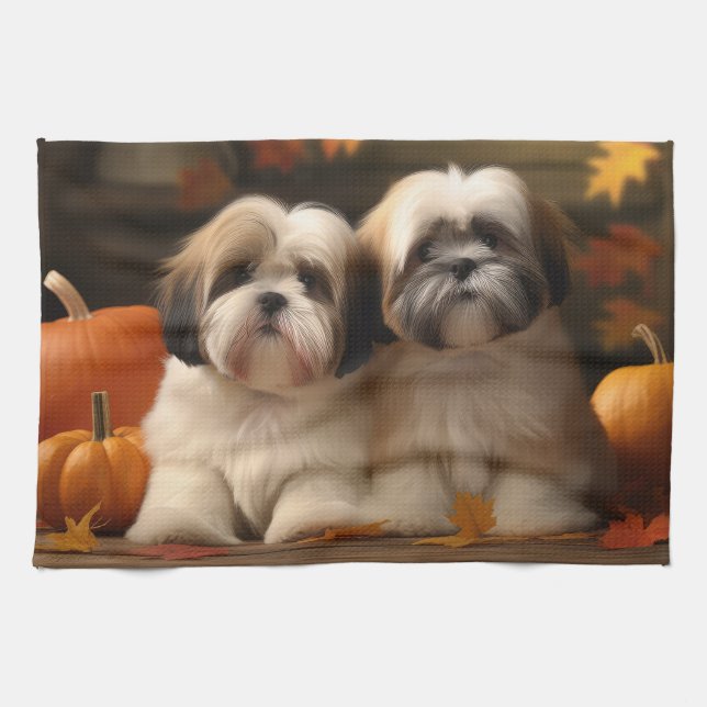 Lhasa Apso Puppy Autumn Delight Pumpkin  Kitchen Towel (Horizontal)