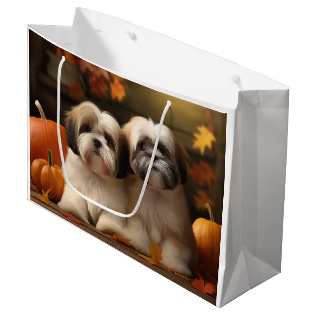 Lhasa Apso Puppy Autumn Delight Pumpkin  Large Gift Bag (Front Angled)