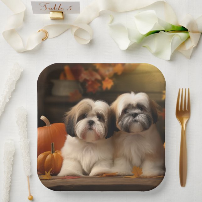Lhasa Apso Puppy Autumn Delight Pumpkin  Paper Plates (Wedding)