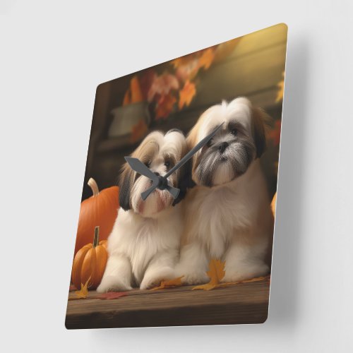 Lhasa Apso Puppy Autumn Delight Pumpkin  Square Wall Clock