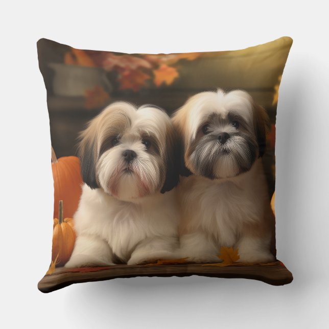 Lhasa Apso Puppy Autumn Delight Pumpkin  Throw Pillow (Back)