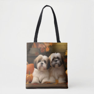 Lhasa Apso Puppy Autumn Delight Pumpkin Tote Bag