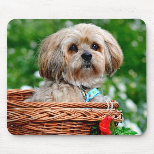 Lhasa Apso Puppy Dog in a Basket Mouse Pad