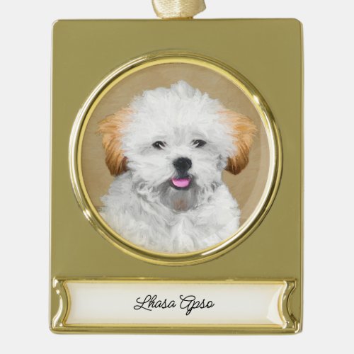 Lhasa Apso Puppy Painting _ Cute Original Dog Art  Gold Plated Banner Ornament