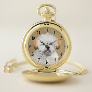Lhasa Apso Puppy Painting - Cute Original Dog Art Pocket Watch