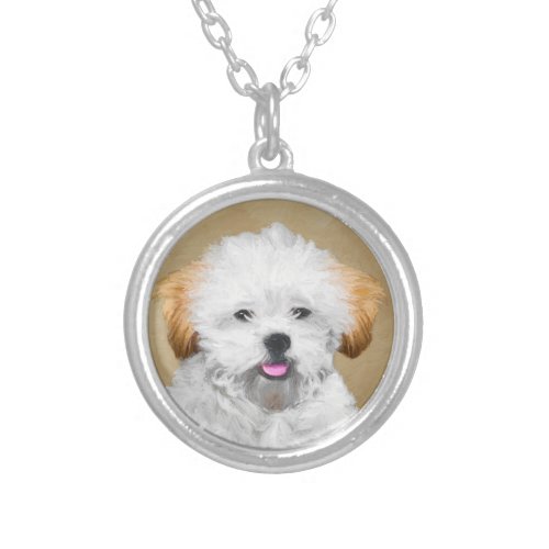 Lhasa Apso Puppy Painting _ Cute Original Dog Art Silver Plated Necklace